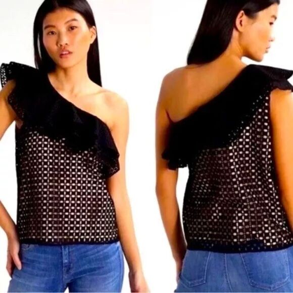 J.Crew Black/Nude Eyelet‎ Ruffle One Shoulder Top Size 6 - Picture 1 of 13